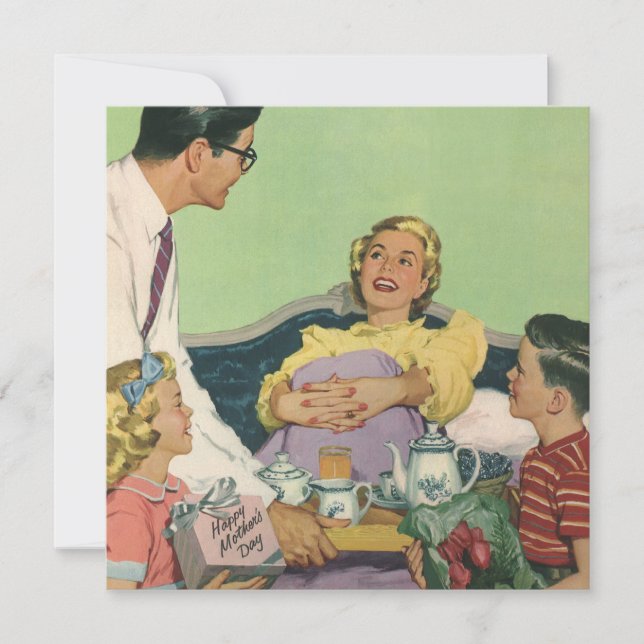 Retro Family Serves Mum Breakfast in Bed Invitation (Front)