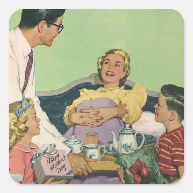 Retro Family Serves Mum Breakfast in Bed Square Sticker (Front)