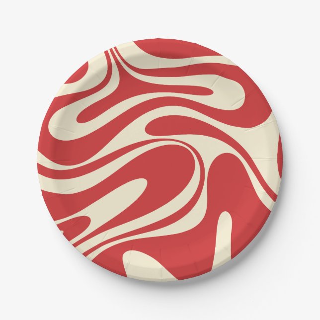 Retro Fantasy Swirl Abstract Pattern Red & Cream Paper Plate (Front)