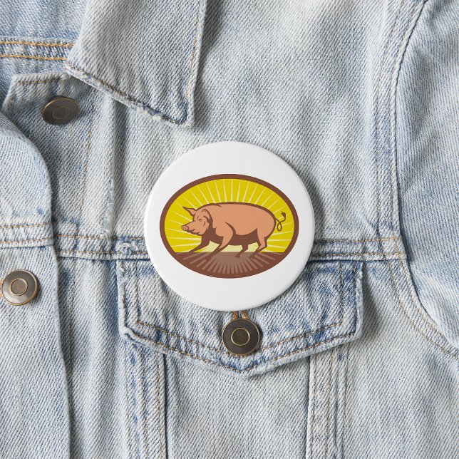 Retro Farm Pig with Sunburst  7.5 Cm Round Badge (Creator Uploaded)