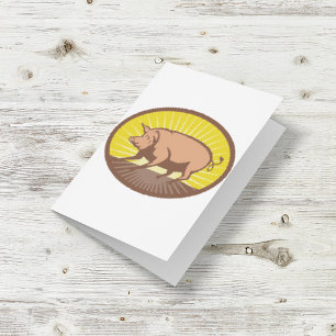 Retro Farm Pig with Sunburst  Card