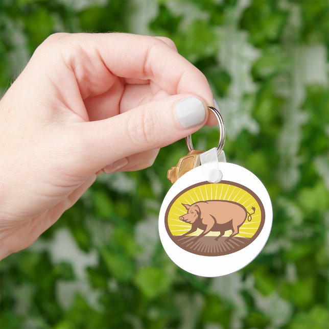 Retro Farm Pig with Sunburst  Key Ring (Creator Uploaded)