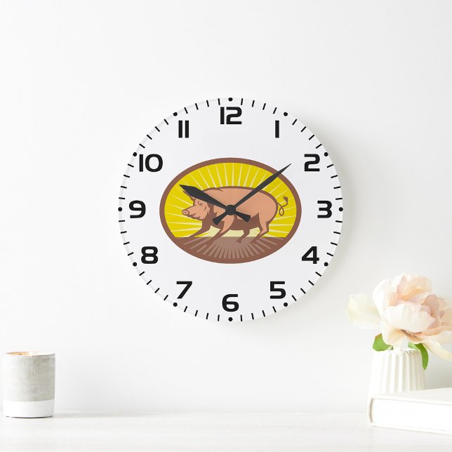 Retro Farm Pig with Sunburst  Large Clock (Creator Uploaded)