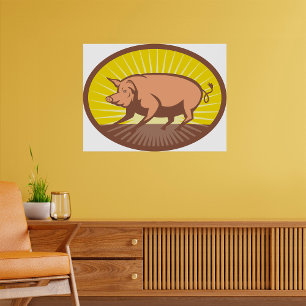 Retro Farm Pig with Sunburst  Poster