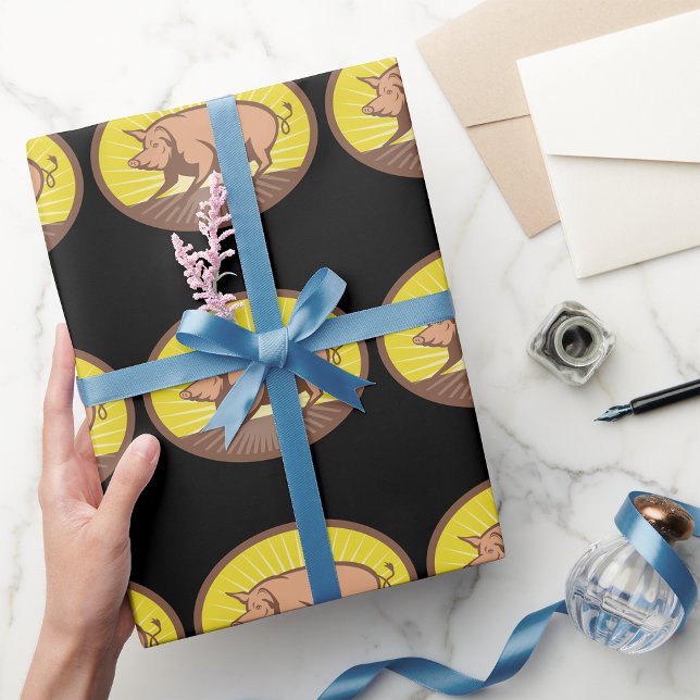 Retro Farm Pig with Sunburst  Wrapping Paper (Creator Uploaded)