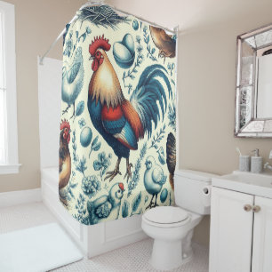 Retro Farm Rooster Pattern Shower Curtain