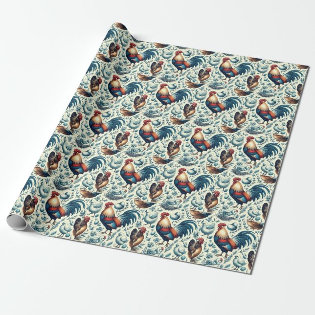 Retro Farm Rooster Pattern Wrapping Paper (Unrolled)