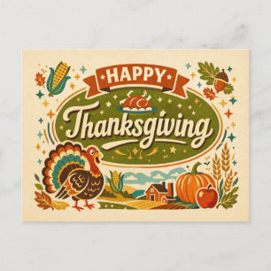 Retro Farmhouse Happy Thanksgiving Turkey Harvest  Holiday Postcard
