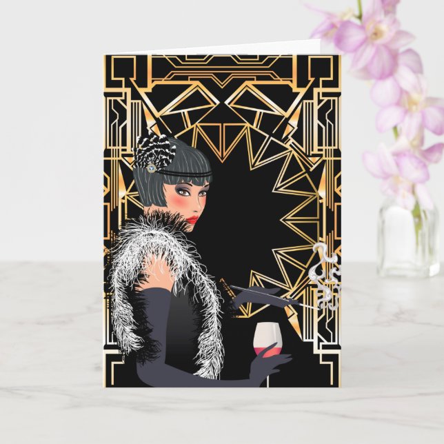 Retro fashion woman with glass of wine  card (Orchid)