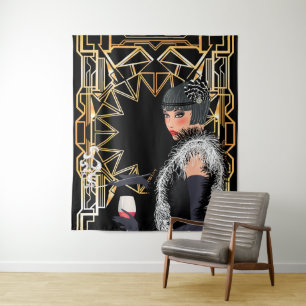 Retro fashion woman with glass of wine  tapestry