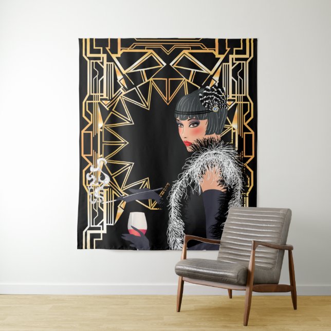 Retro fashion woman with glass of wine  tapestry (In Situ)