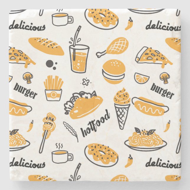 Retro Fast Food Hand Drawn Sketch Pattern Stone Coaster (Front)