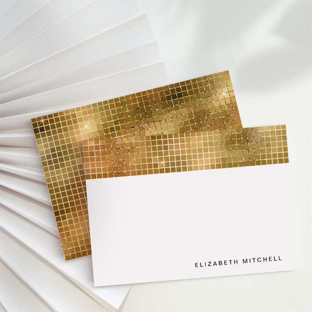 Retro Faux Gold Disco Ball Mirror | Monogram Card (Glam, disco-inspired note cards)