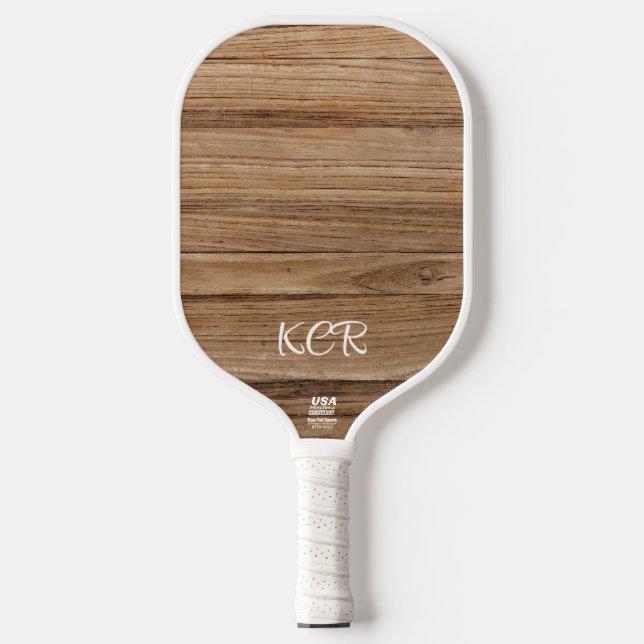 Retro Faux Oak Wood Pattern Initial Official USA Pickleball Paddle (Front)