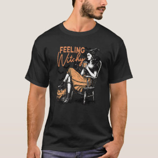 Retro Feeling Witchy Girl Black Cat Lover Spooky H T-Shirt