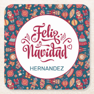 Retro Feliz Navidad Personalised Square Paper Coaster