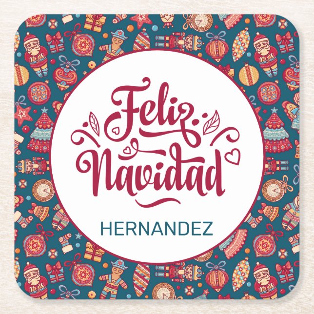 Retro Feliz Navidad Personalised Square Paper Coaster (Front)