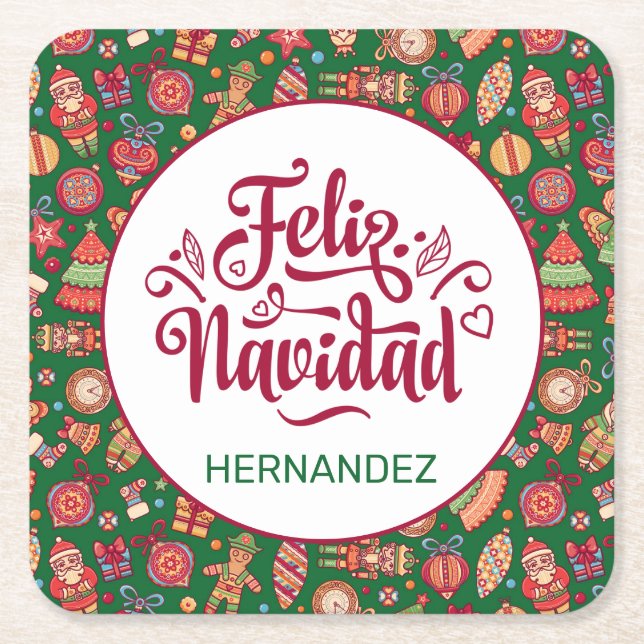 Retro Feliz Navidad Personalised Square Paper Coaster (Front)