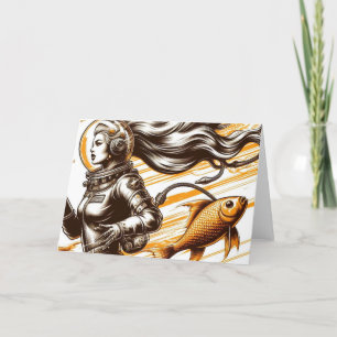 Retro female astronaut and fish All Occasion Card