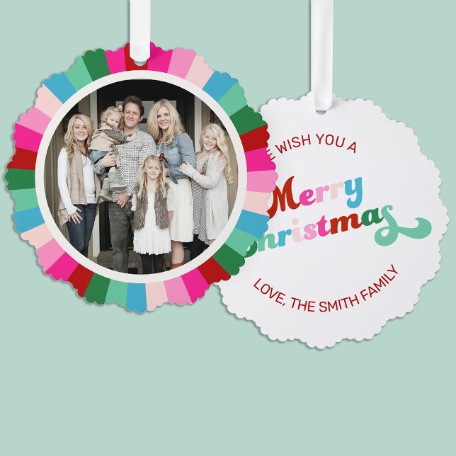 Retro Festive Bright Stripes Christmas Photo  Tree Decoration Card (Creator Uploaded)