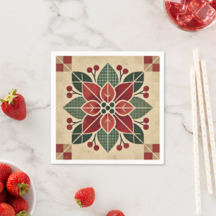 Retro Festive Floral Folk Art Poinsettia Decoupage Napkin