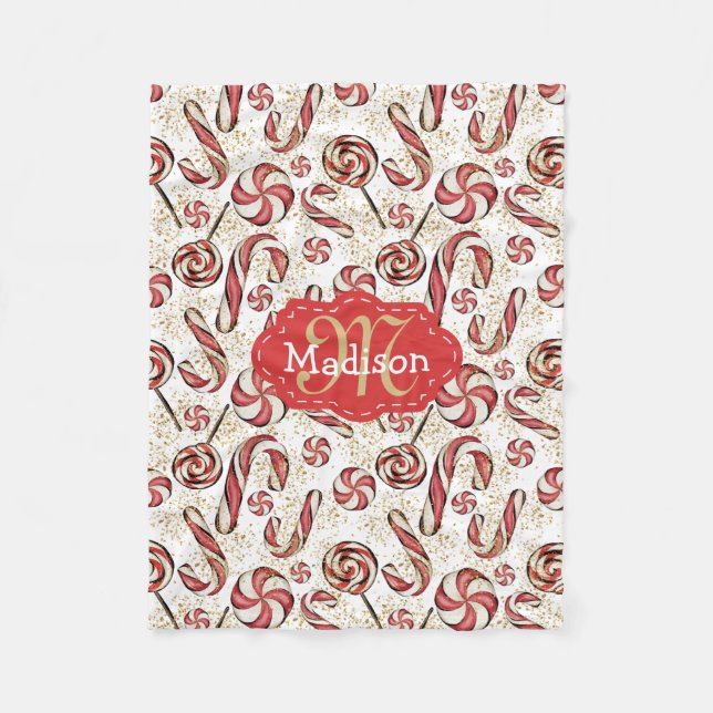 Retro Festive Fun Candy Canes Pattern Baby Name Fleece Blanket (Front)