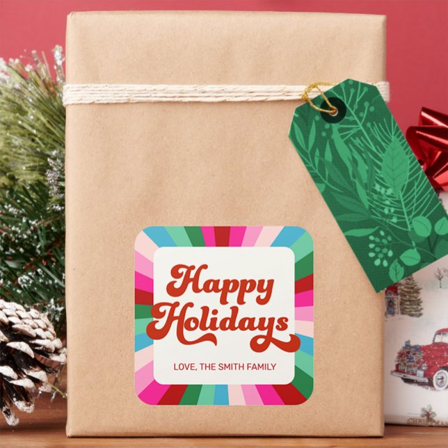 Retro Festive Rainbow Pink Christmas Gift Label (Creator Uploaded)