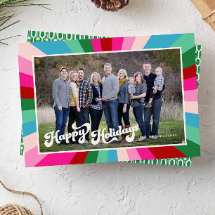 Retro Festive Rainbow Pink Christmas Photo Holiday Card