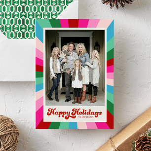 Retro Festive Rainbow Pink Christmas Photo Holiday Card