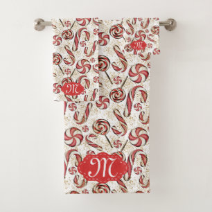 Retro Festive Red Candy Cane Pattern Monogram Bath Towel Set