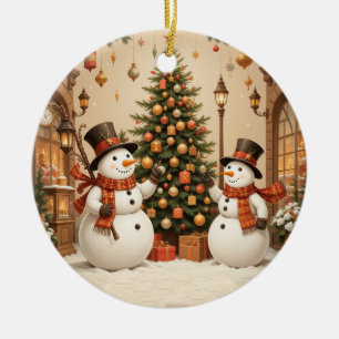 Retro Festive Snowmans and Christmas Tree Ceramic Tree Decoration