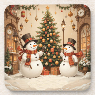 Retro Festive Snowmans and Christmas Tree Coaster