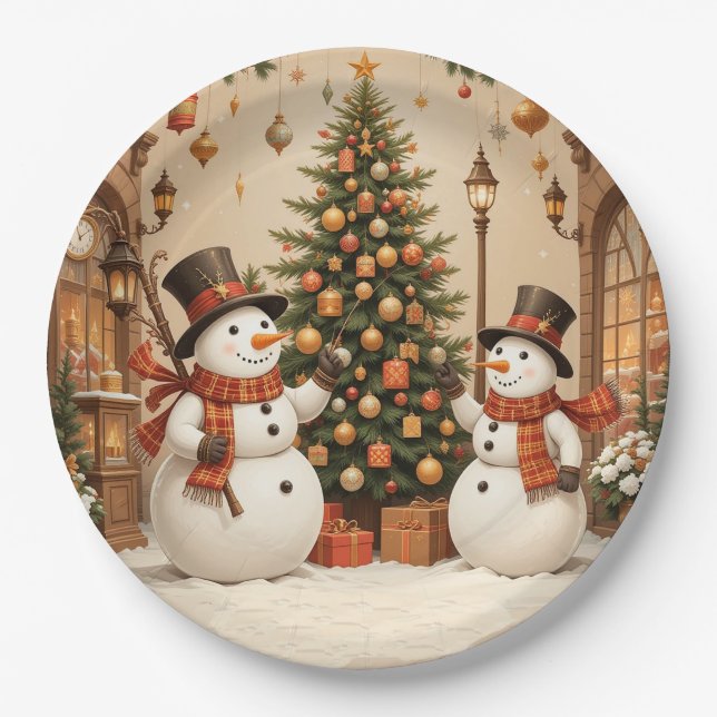 Retro Festive Snowmans and Christmas Tree Paper Plate (Front)