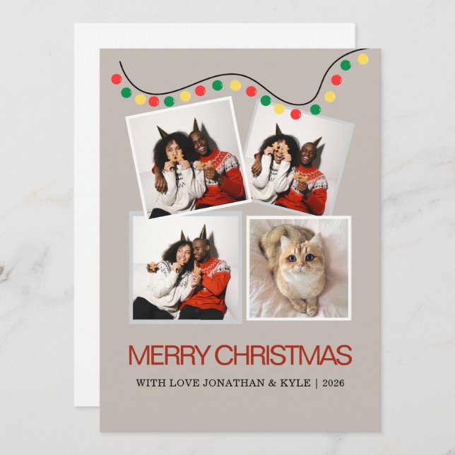 Retro Festive String Lights Multi Photo Christmas Holiday Card (Front/Back)
