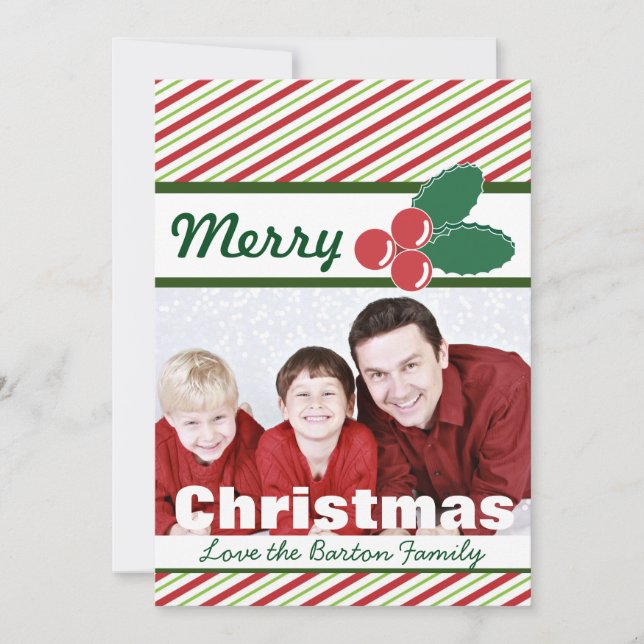 Retro Festive Stripes and Holly Custom Photo Holiday Card (Front)