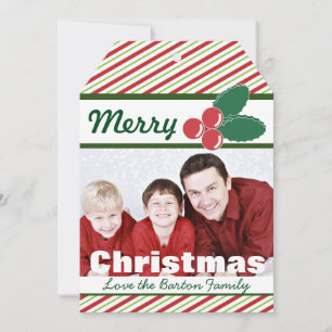 Retro Festive Stripes and Holly Custom Photo Holiday Card