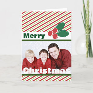 Retro Festive Stripes and Holly Custom Photo Holiday Card