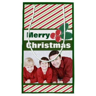 Retro Festive Stripes and Holly Custom Photo Small Gift Bag