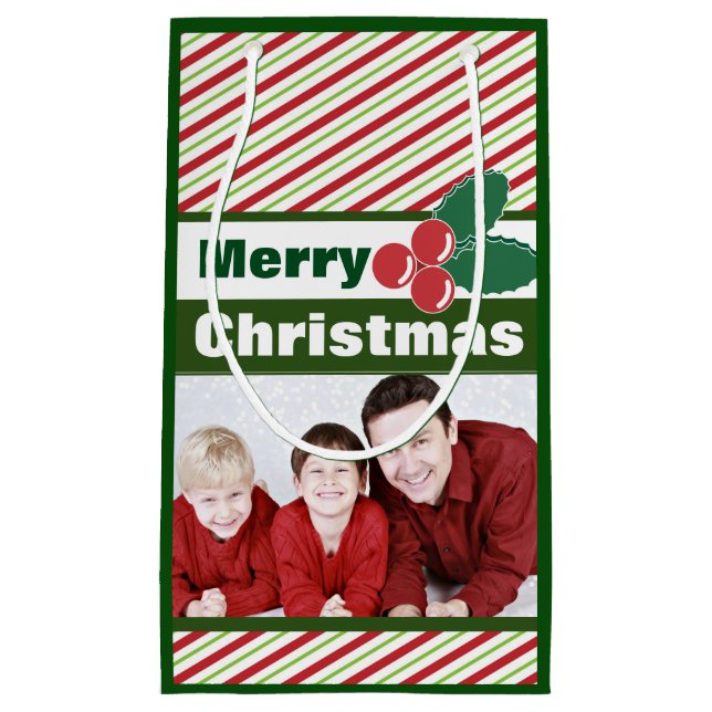 Retro Festive Stripes and Holly Custom Photo Small Gift Bag (Front)