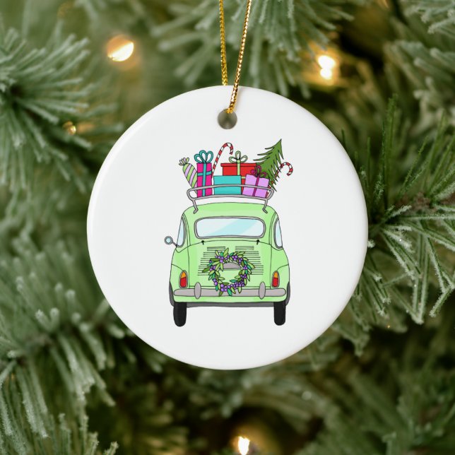Retro Fiat 500 with Christmas Gifts Ceramic Tree Decoration (Tree)