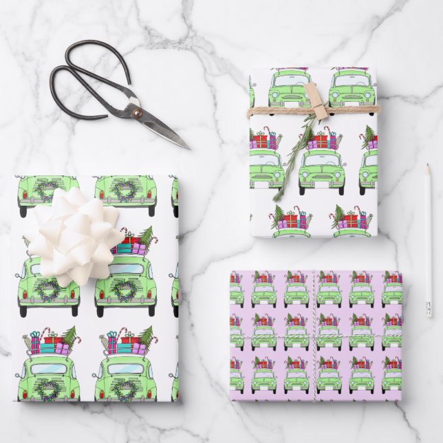 Retro Fiat 500 with Christmas Gifts Wrapping Paper Sheet (Front)