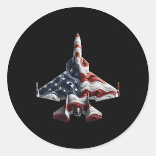 Retro Fighter Jet Aeroplane American Flag Heart 4t Classic Round Sticker