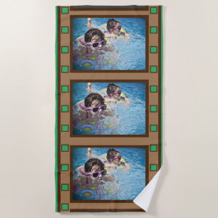 Retro Film Strip Add Up to 3 Photos Green Beach Towel