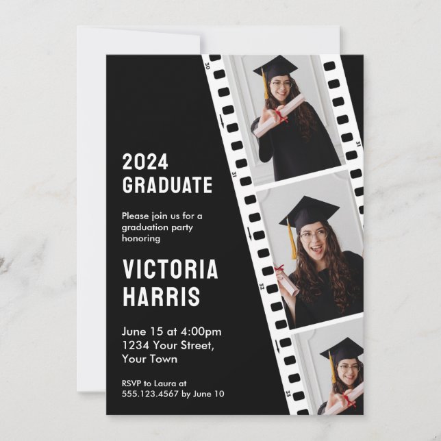 Retro Film Strip Custom 3 Photos Cool Graduation Invitation (Front)