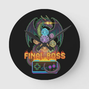 Retro Final Boss Dragon & Dice   Gamer TTRPG Pixel Round Clock
