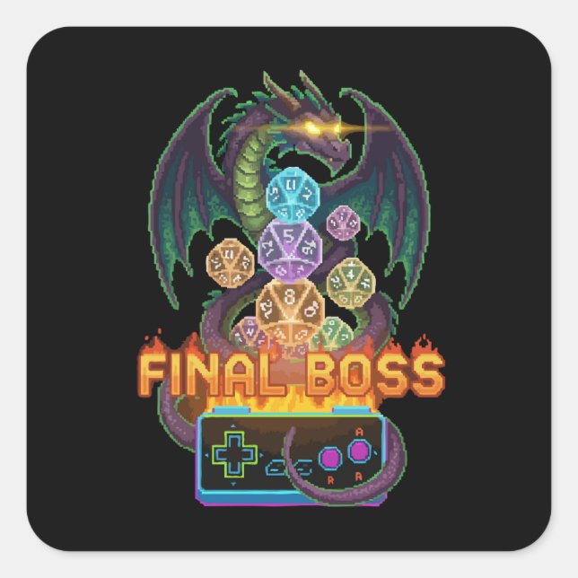 Retro Final Boss Dragon & Dice | Gamer TTRPG Pixel Square Sticker (Front)