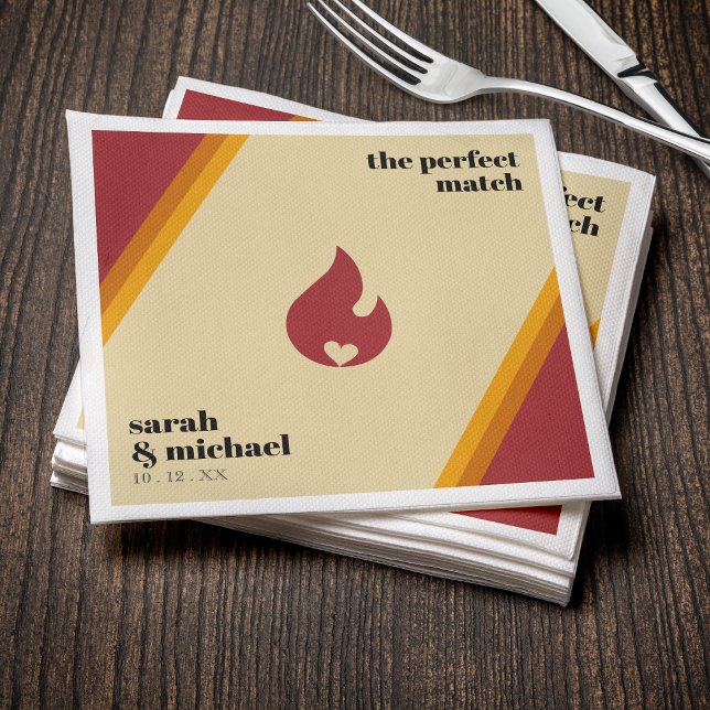 Retro Fire Heart Striped The Perfect Match Wedding Napkin (Creator Uploaded)