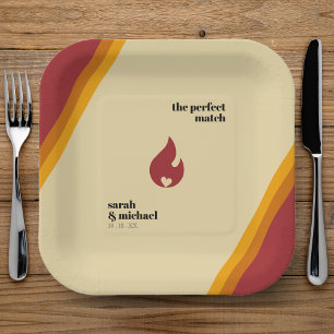 Retro Fire Heart Striped The Perfect Match Wedding Paper Plate