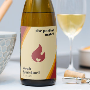 Retro Fire Heart Striped The Perfect Match Wedding Wine Label