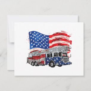 Retro Fire Truck Firefighter Fireman USA Flag 4th  Holiday Card